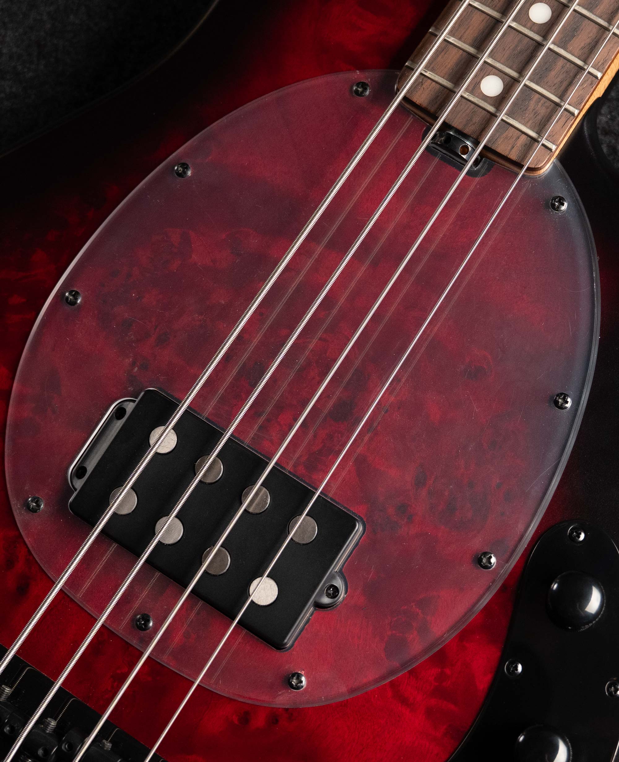 Бас-гитара Sterling StingRay RAY34PB, Poplar Burl Top, Dark Scarlet Burst Satin - купить в "Гитарном Клубе"