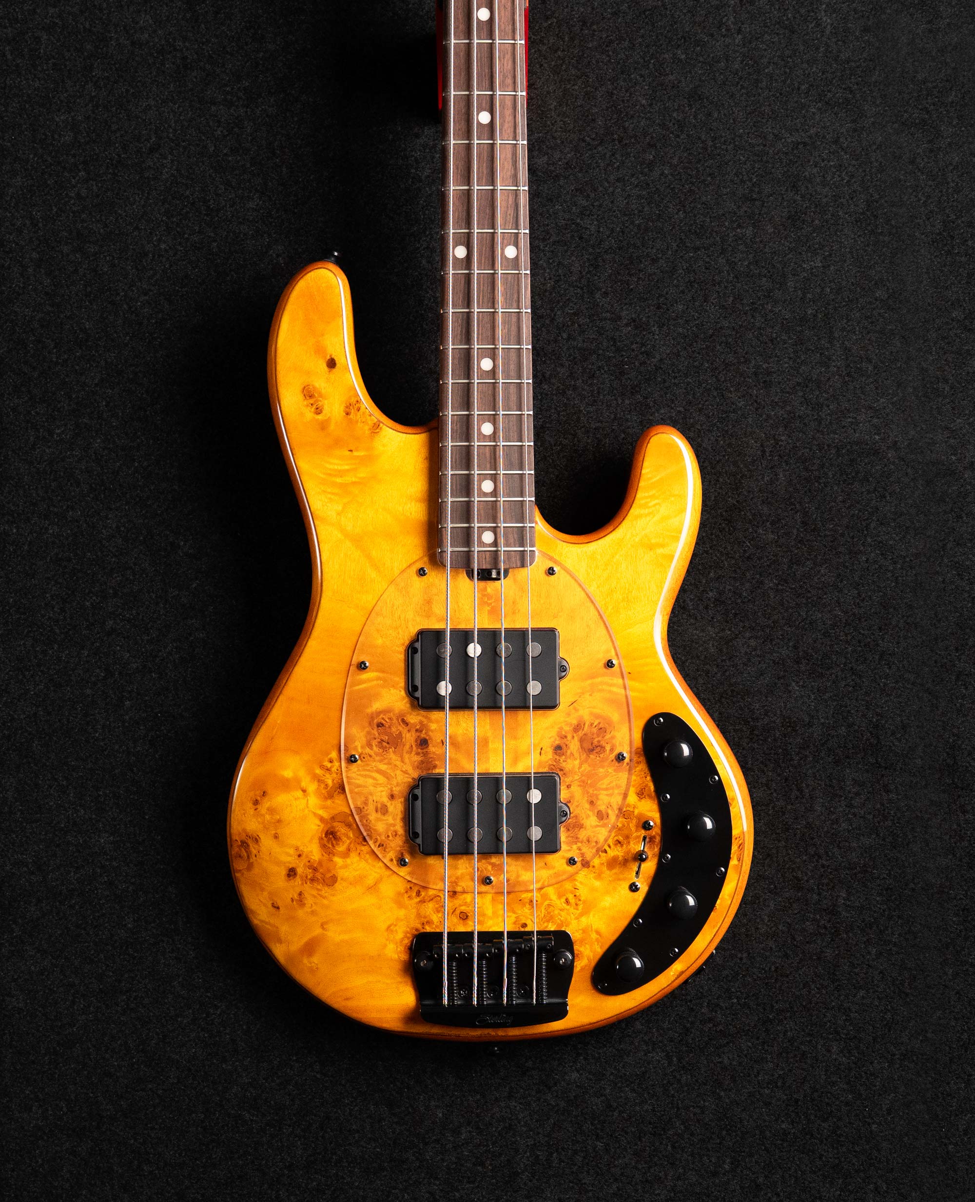 Бас-гитара Sterling StingRay RAY34HHPB-AM, Poplar Burl Top Amber - купить в "Гитарном Клубе"