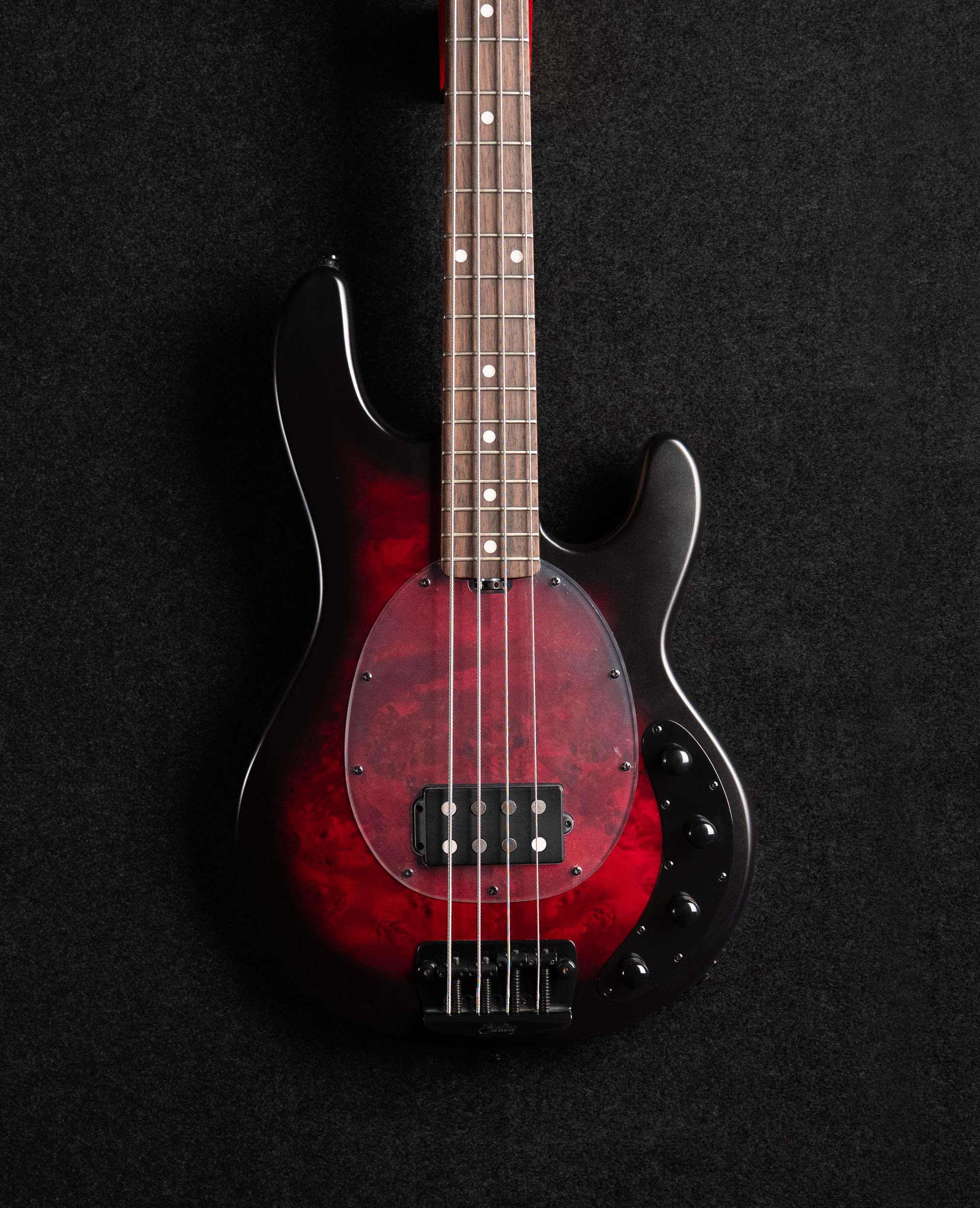 Бас-гитара Sterling StingRay RAY34PB, Poplar Burl Top, Dark Scarlet Burst Satin - купить в "Гитарном Клубе"