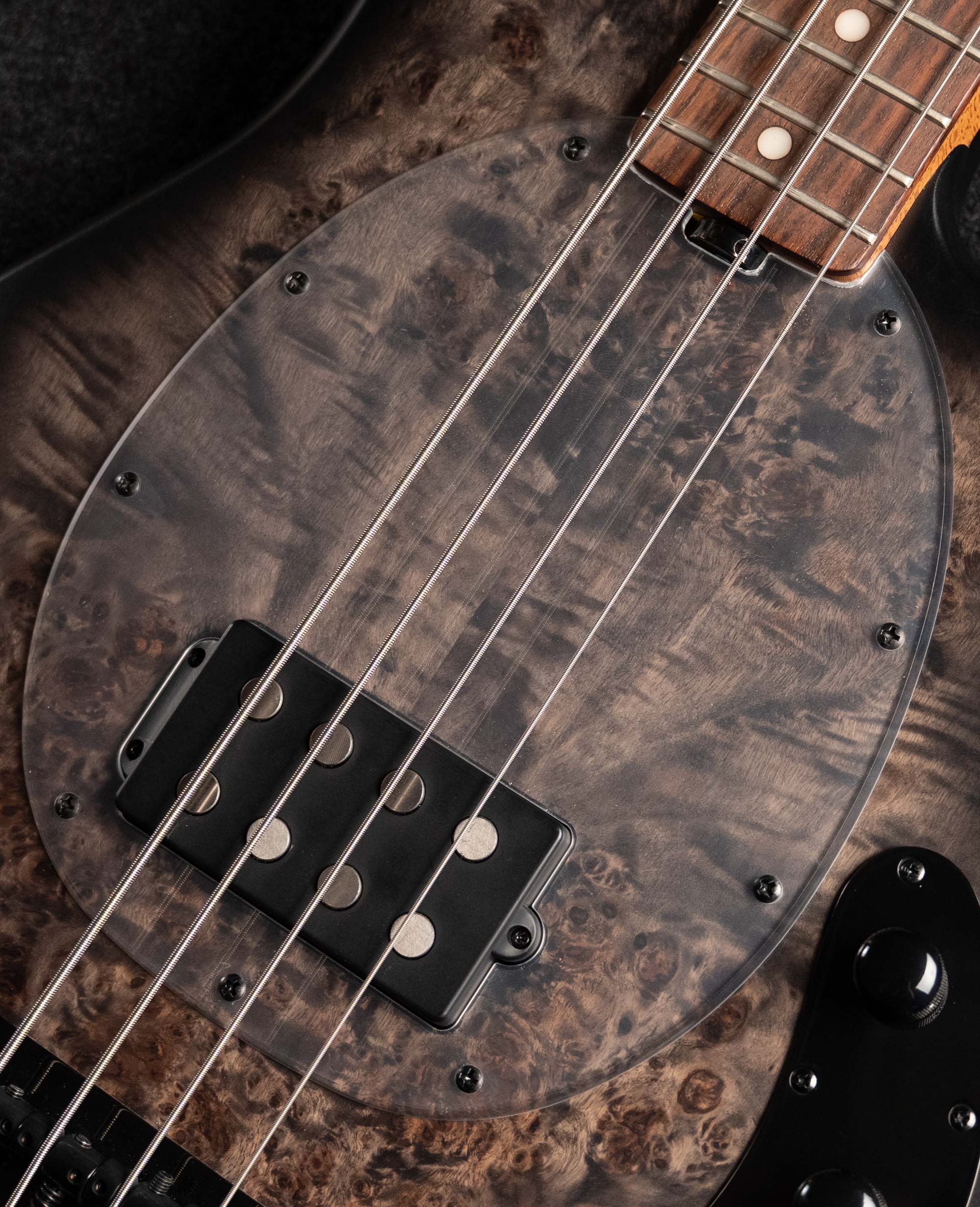 Бас-гитара Sterling StingRay RAY34-PB, Poplar Burl Top, Trans Black - купить в "Гитарном Клубе"
