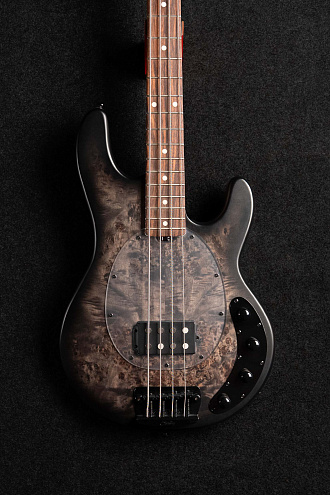 Бас-гитара Sterling StingRay RAY34-PB, Poplar Burl Top, Trans Black - купить в "Гитарном Клубе"